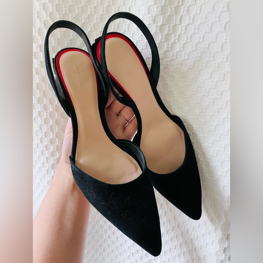 Zara Shoes | Zara Pointed Black Heels with Red Ruffle | Color: Black/Red,size 10
